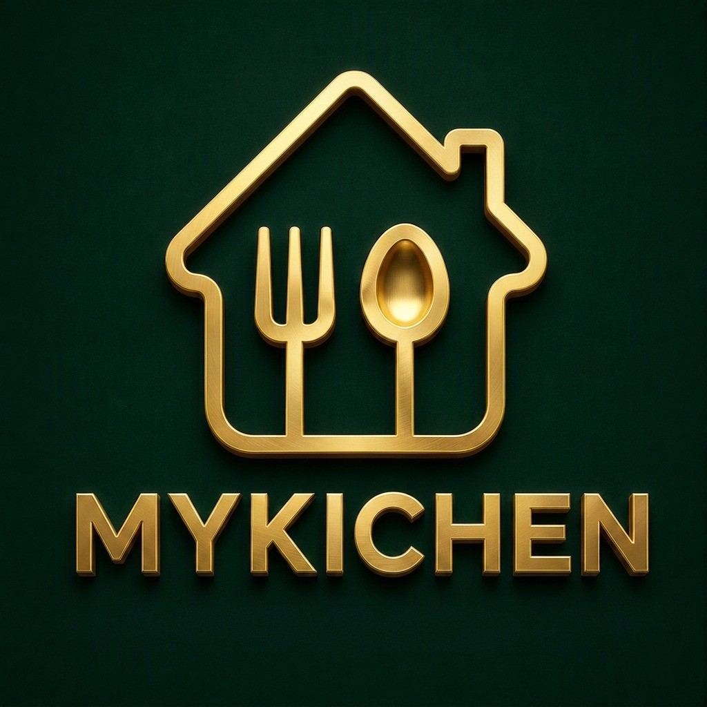 MYKICHEN logo — a gold house with a fork and spoon