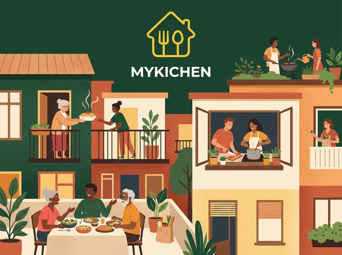 Illustration of neighbours cooking, sharing and delivering home-cooked meals across an apartment complex